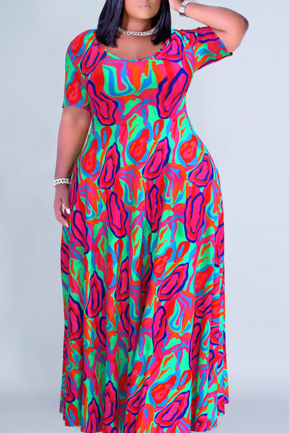Plus Size Casual Magenta All Over Print Round Neck Short Sleeve Maxi Dress [Pre-Order]