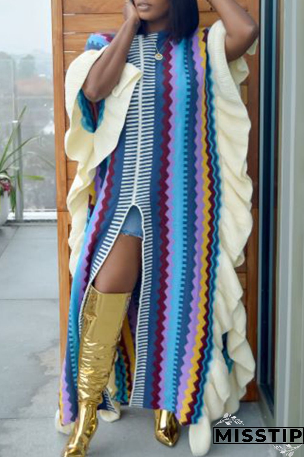 Blue Casual Print Patchwork Flounce Slit O Neck Straight Dresses