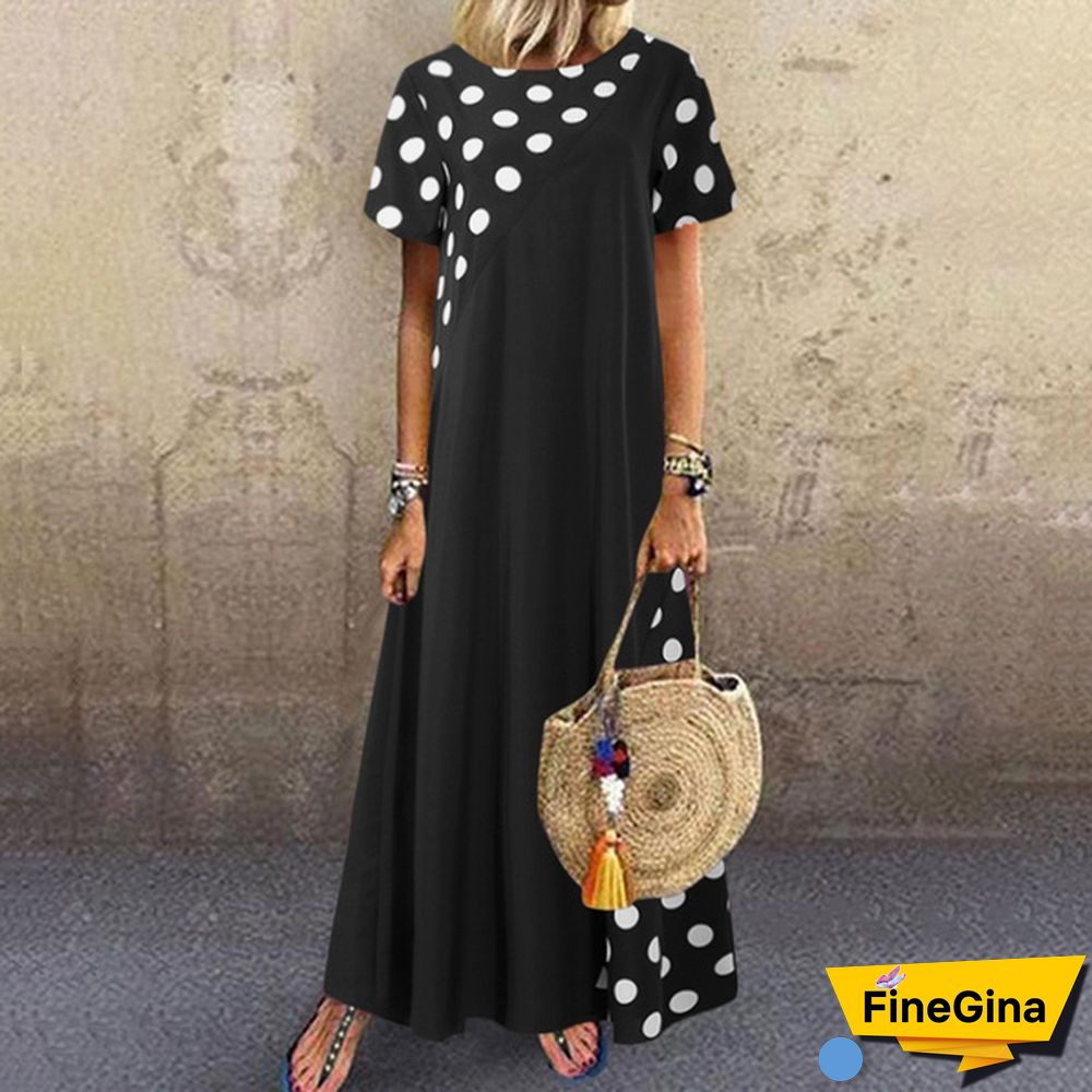 Summer Women Polka Dot Maxi Dress Robe Short Sleeve Round Neck Patchwork Party Casual Loose Long Dress Plus Size Tunic