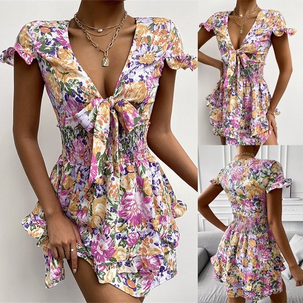 Summer Fashion Floral Print V-neck Short Sleeved Mini Party Dress Women Beach Wear Sundress vestidos - Shop Trendy Women's Clothing | LoverChic