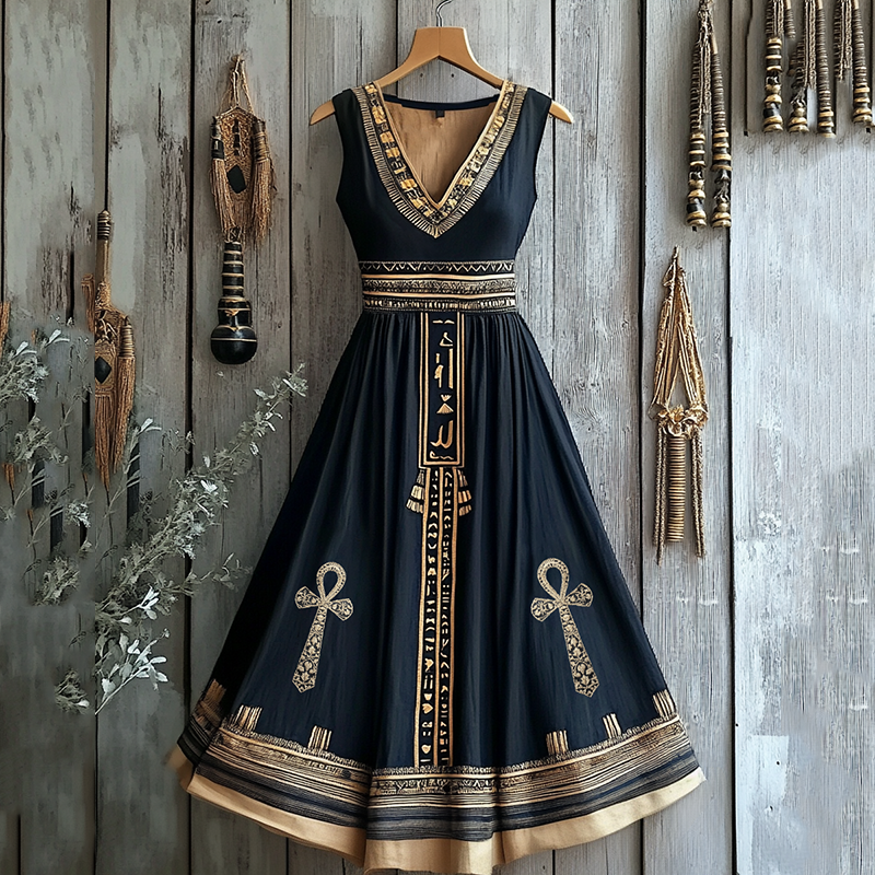 Vintage Egyptian Elements Print V-neck Midi Dress