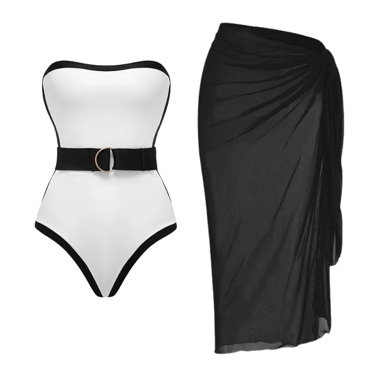 Bandeau Color Block Belted One Piece Swimsuit Flaxmaker