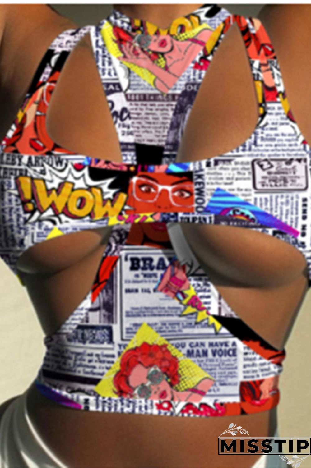 Multicolor Fashion Sexy Print Hollowed Out O Neck Tops Two-piece Set