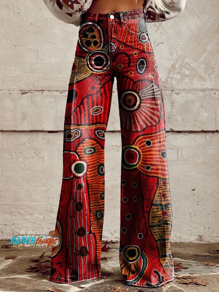 Women’s Vintage Print Casual Wide Leg Pants Multicolor / S