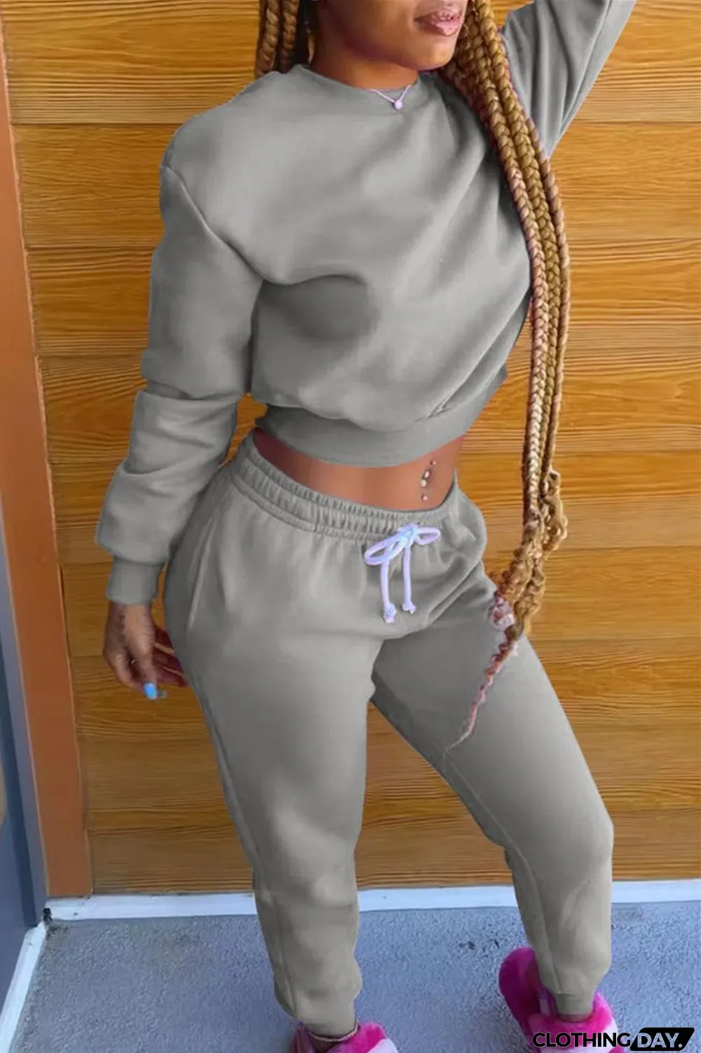 Pink Fashion Casual Letter Print Basic O Neck Long Sleeve Two Pieces