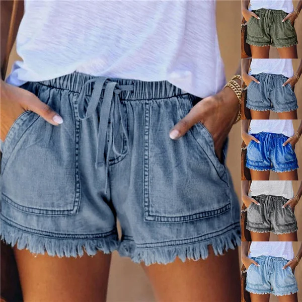 Summer Women Elastic Waist Casual Denim Shorts High Waist Slim Jean Shorts Women Hot Pants
