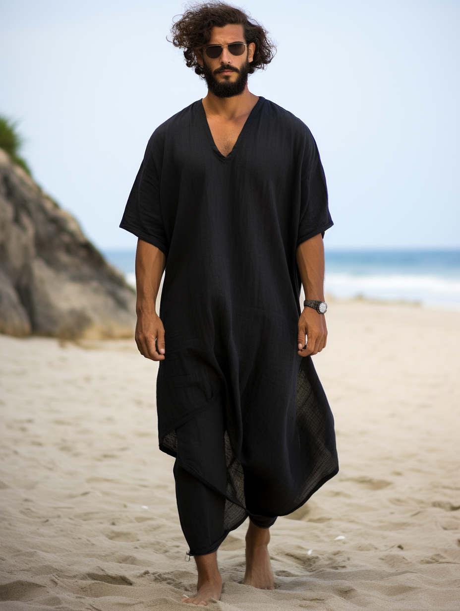 Black Men Linen Kaftan Solid Long Caftan