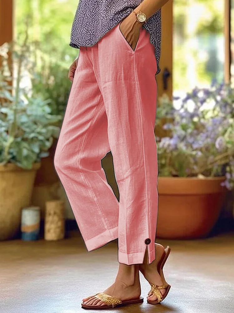 Women's Cotton Linen Loose Solid Color Elastic Waist Pocket Straight Casual Pants
