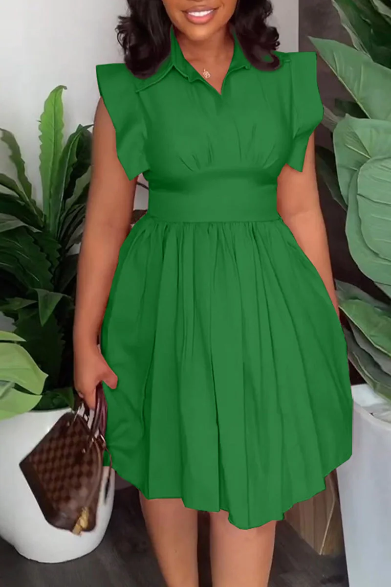 Green Casual Sweet Solid Patchwork Fold Turndown Collar A Line Dresses