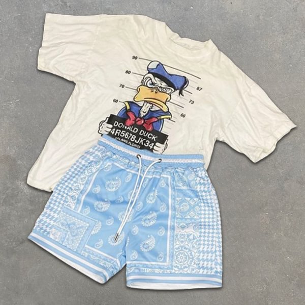 Duck Print Short Sleeve Paisley Shorts Two Piece