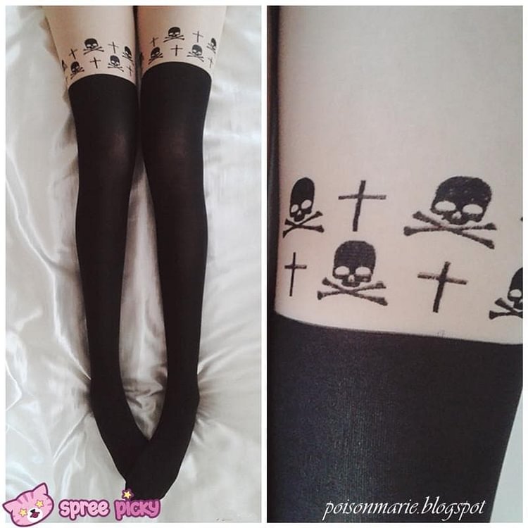 Gothic Cross Skeletons Skull Fake Over Knee Thigh High Tights SP141374
