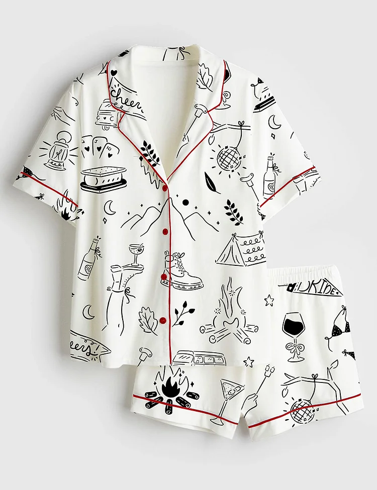 Women&rsquo;s Camp Bachelorette Hand Drawn Mountain Hiking Glamping Girls Trip Print Short Sleeve Satin Pajama Set