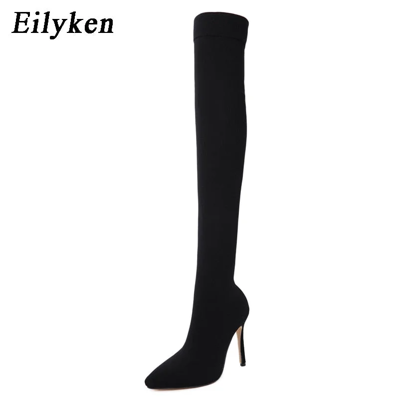 Eilyken 2022 Fashion Stretch Fabric Sock Boots Pointy Toe Over-the-Knee Heel Thigh High Pointed Toe Woman Boot size 35-42
