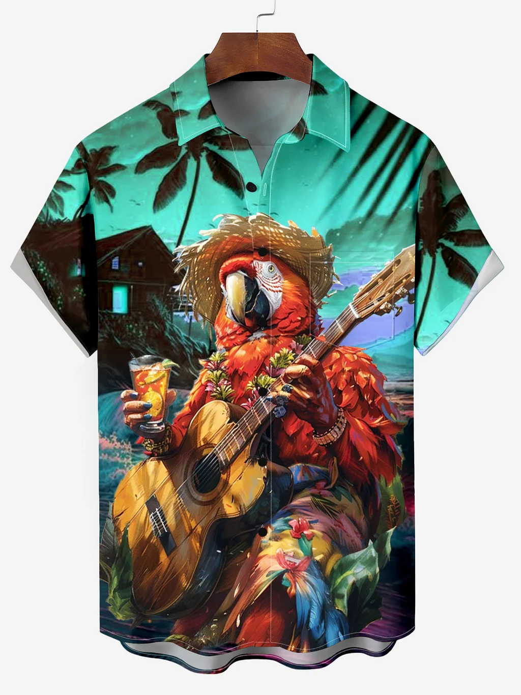 Men's Hawaii Beach Vacation Guitar Chest Pocket Bowling Pass Printed Shirt PLUSCLOTHESMAN
