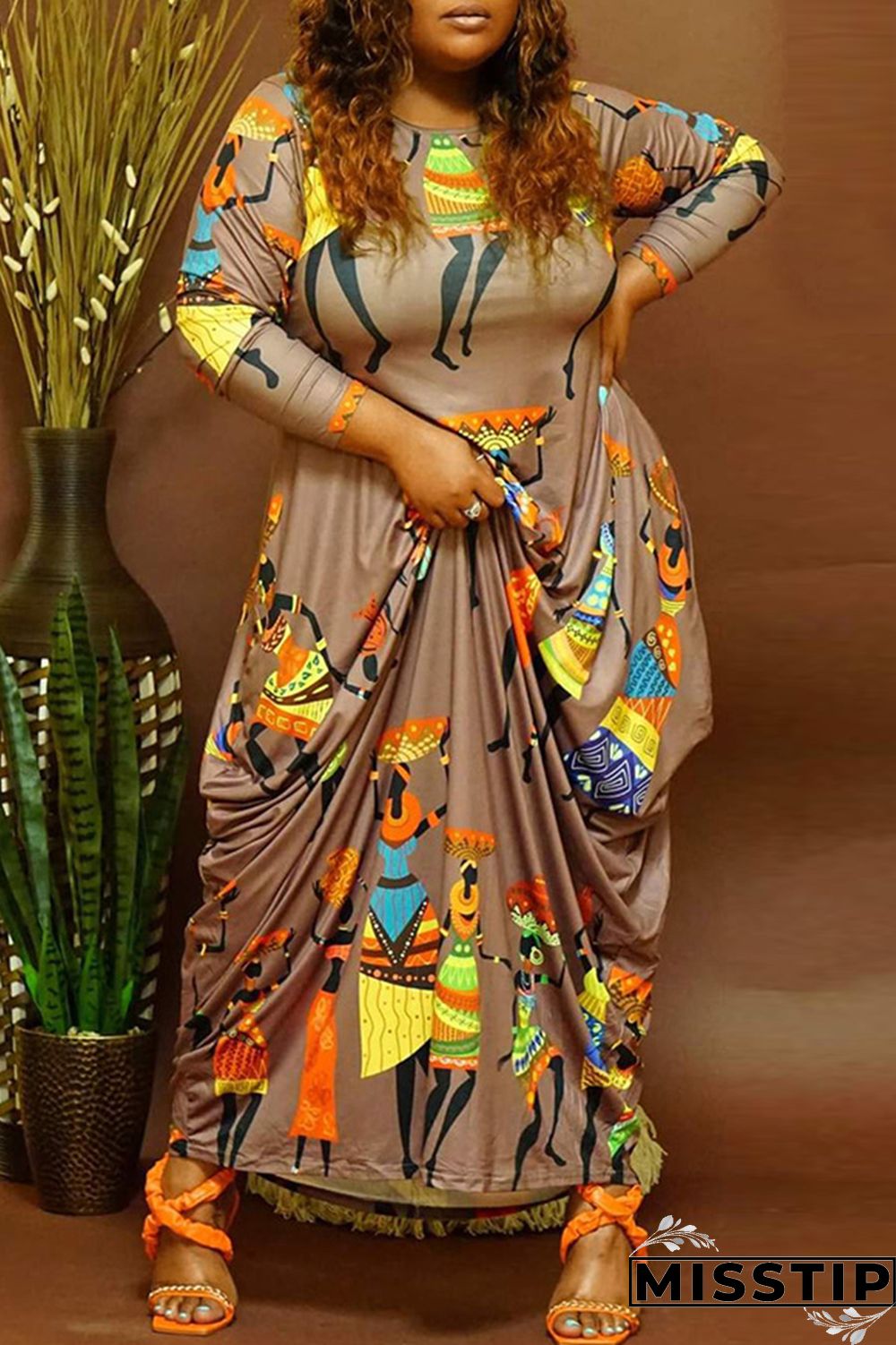 White Fashion Casual Print Basic O Neck Long Sleeve Plus Size Dresses