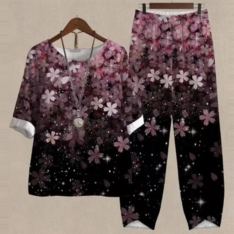 Casual Cherry Blossom Print Top Two-Piece Set