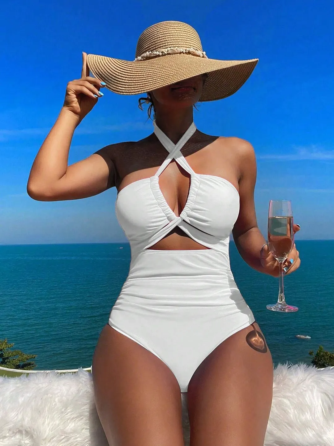 Churchf 2025 New Bikini Solid Color Sexy High-Waisted Bikini Swimsuit Women