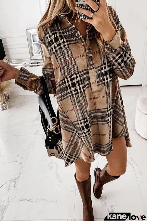 Plaid Button Shirt Long Sleeve Mini Dress