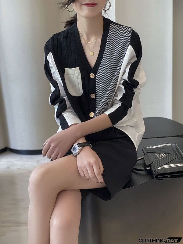 Urban Long Sleeves Contrast Color Split-Joint V-Neck Cardigan Tops