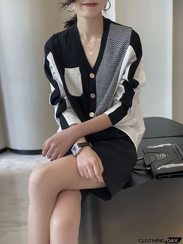 Urban Long Sleeves Contrast Color Split-Joint V-Neck Cardigan Tops