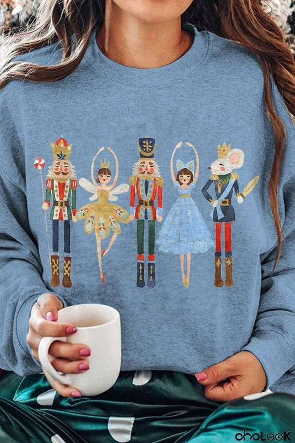 Christmas Print Round Neck Long Sleeve Pullover Sweatshirt