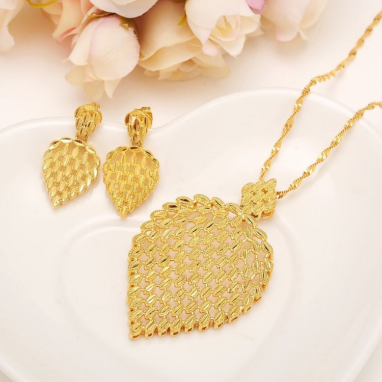 24k  gold Necklace Earring Set Women Party Gift big Leaf Jewelry Sets daily wear mother gift