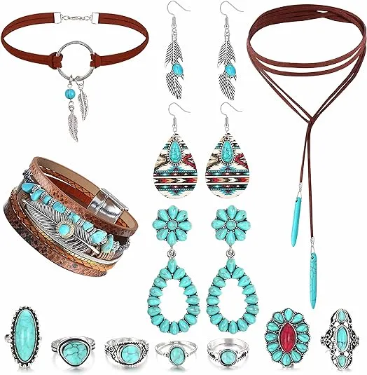 13 Pcs Turquoise Jewelry Set Turquoise Faux Leather Cuff Bracelet Turquoise Pendant Choker Necklace Turquoise Hoop Dangle Earrings Turquoise Joint Knuckle Rings
