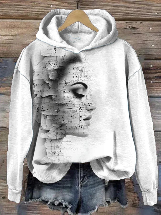 Women's Music Sheet Woman Profile Silhouette Print Hooded Sweatshirt