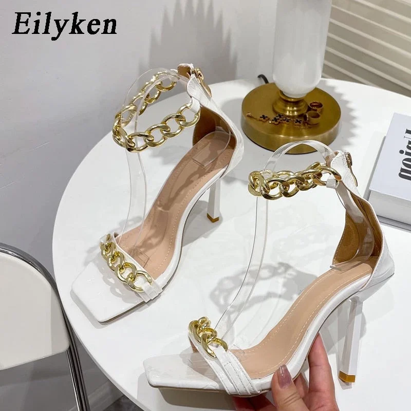 Eilyken New Women Sandals Summer Square Toe Thin High Heels Female Fashion Chain Designer Strap Party Dress Shoes Size 41 Green 530