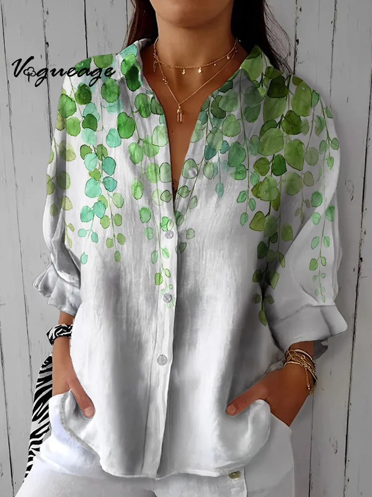 Simple And Stylish Polka Dot Leaves Printed Cotton And Linen Shirt