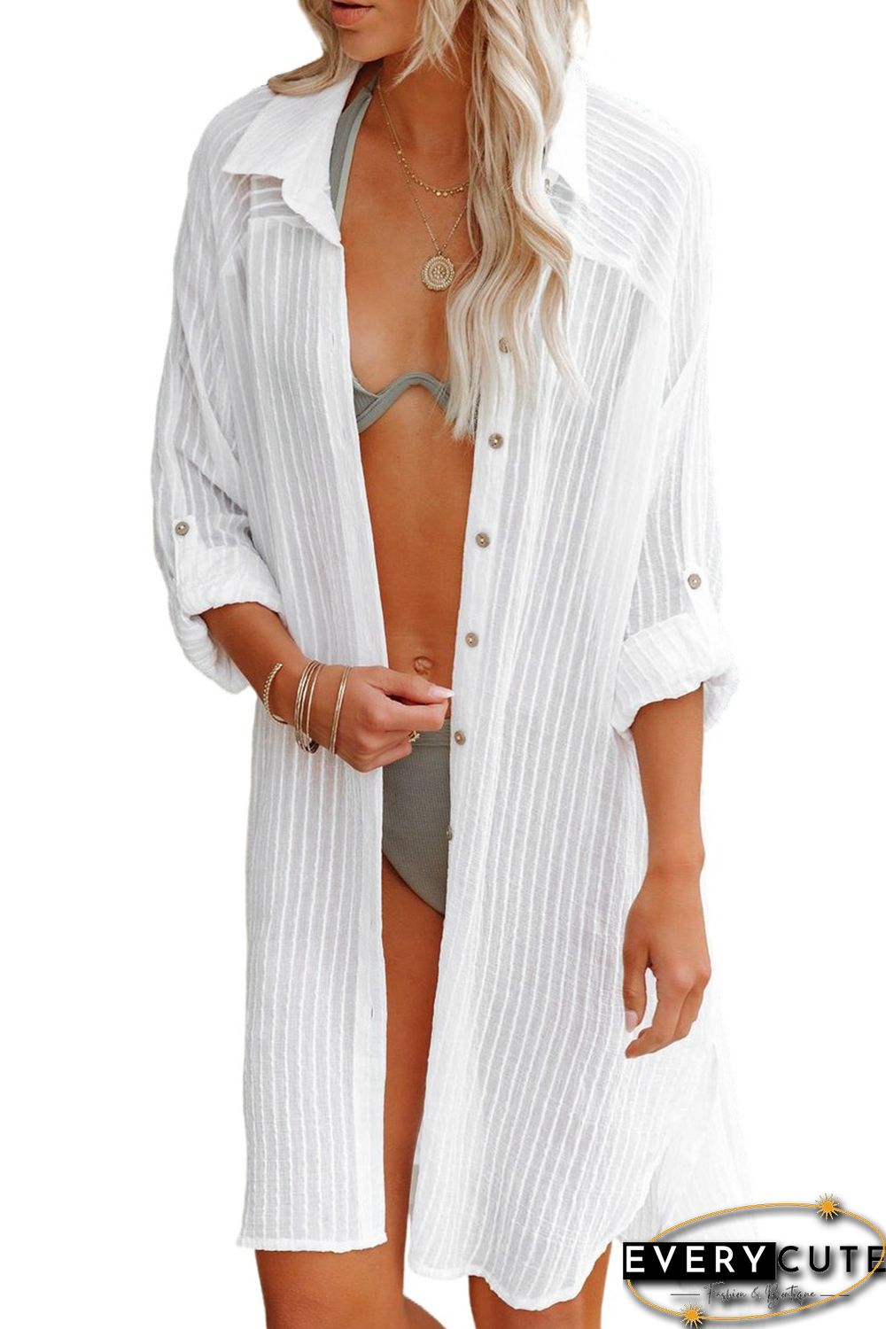 White Striped Shirt Dress Beach Cover up with Belt