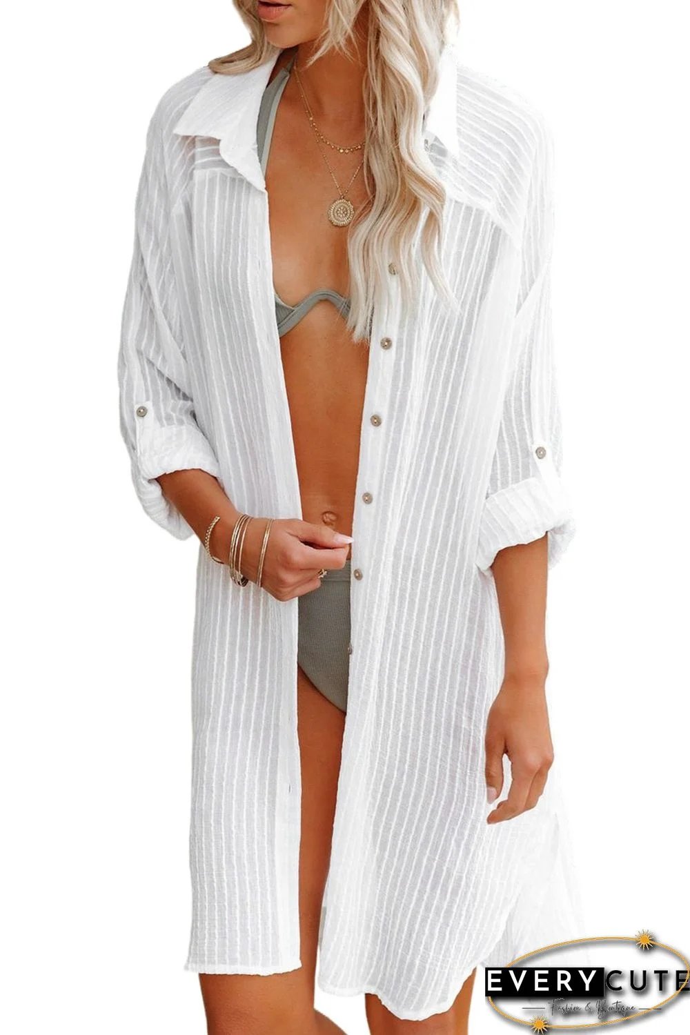 White Striped Shirt Dress Beach Cover up with Belt