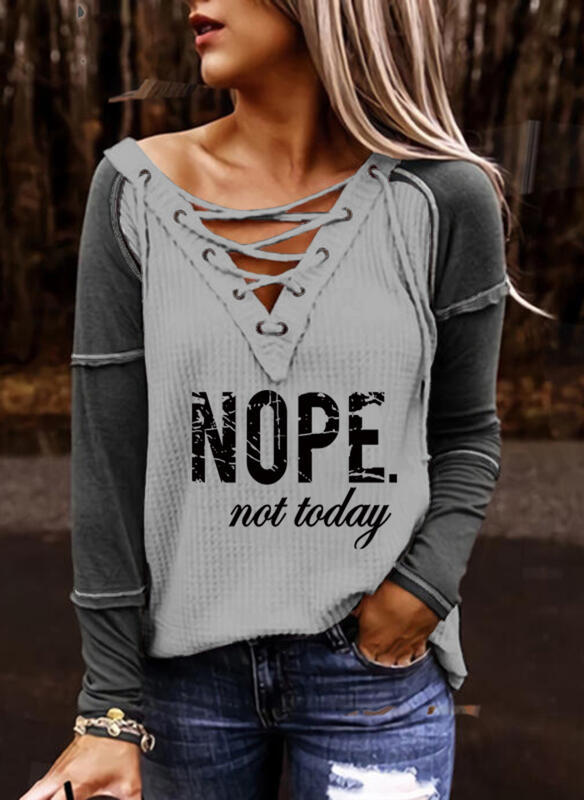 Nope Not Today Letter Print Shirt Women Long Sleeve V Neck Loose Tshirt Spring Lady Tops Clothes Camisetas Mujer