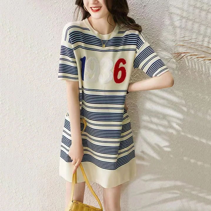 As Picture Stripes Cotton-Blend Short Sleeve Dresses QueenFunky