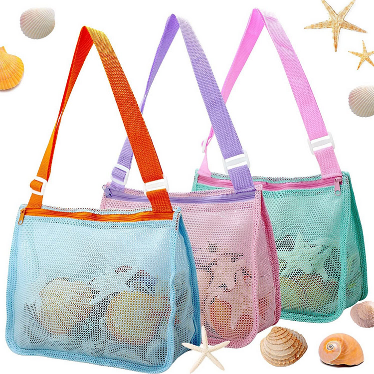 3PCS Beach Toy Mesh Beach Bag Kids Shell Collecting Bag Beach Sand Toy Seashell Bag for Holding Shells Beach Toys Sand Toys Swimming Accessories for Boys and Girls