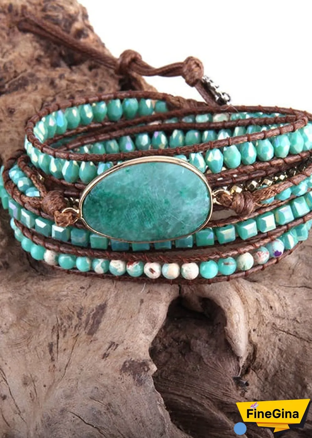 Boho Bracelet, RH 5 Layers Leather Wrap Bracelet, Natural Stones, Crystal Silver
