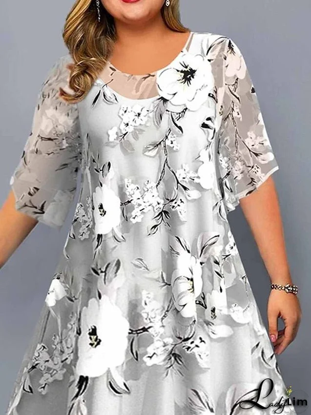 Plus Size Casual Dress Dress Set Chiffon Dress Floral Midi Dress Half Sleeve Print Crew Neck Fashion Daily Gray Summer Spring L XL XXL 3XL 4XL for Women