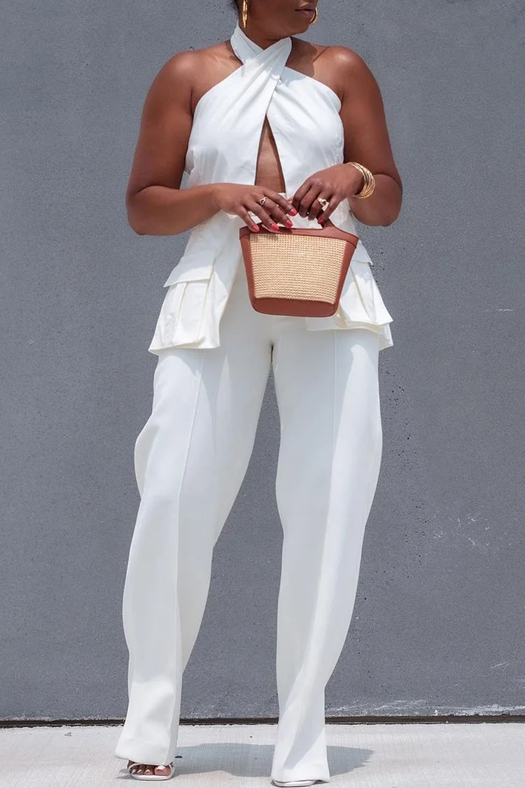 Plus Size Daily White Halter Collar Cut Out Pocket Two Piece Pant Sets 