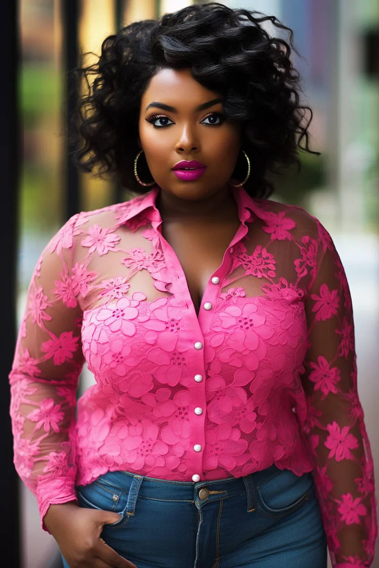 Xpluswear Design Plus Size Business Casual Hot Pink Shirt Collar Long Sleeve See Through Pearls Lace Blouses