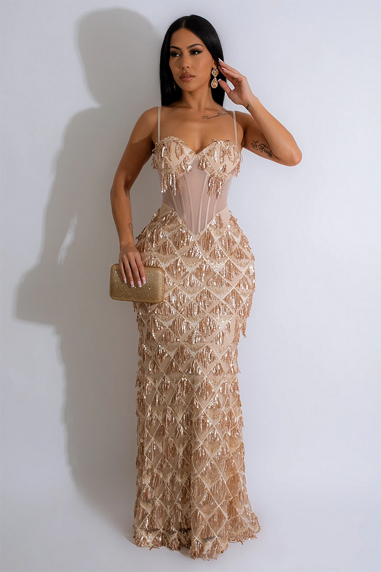 Cami Corset Sequin Fringed Gowns Maxi Dresses-Champagne