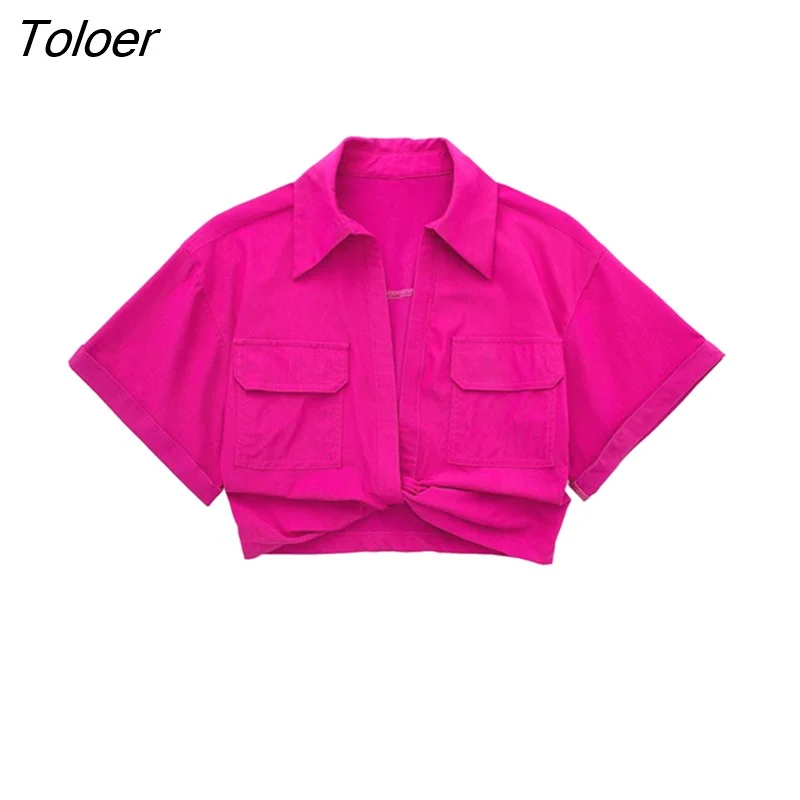 Toloer Women Safari Style Pockets Patch Knotted Linen Short Smock Blouse Lady Chic Kimono Cropped Shirt Blusas Tops LS1376