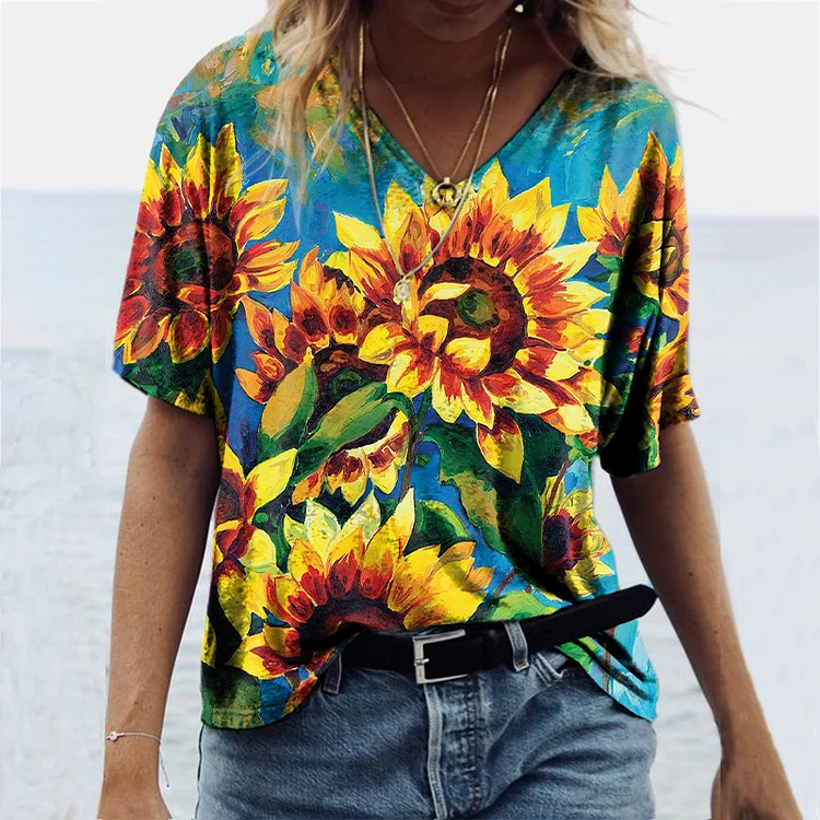 Vintage V Neck Sunflower Print T-Shirt