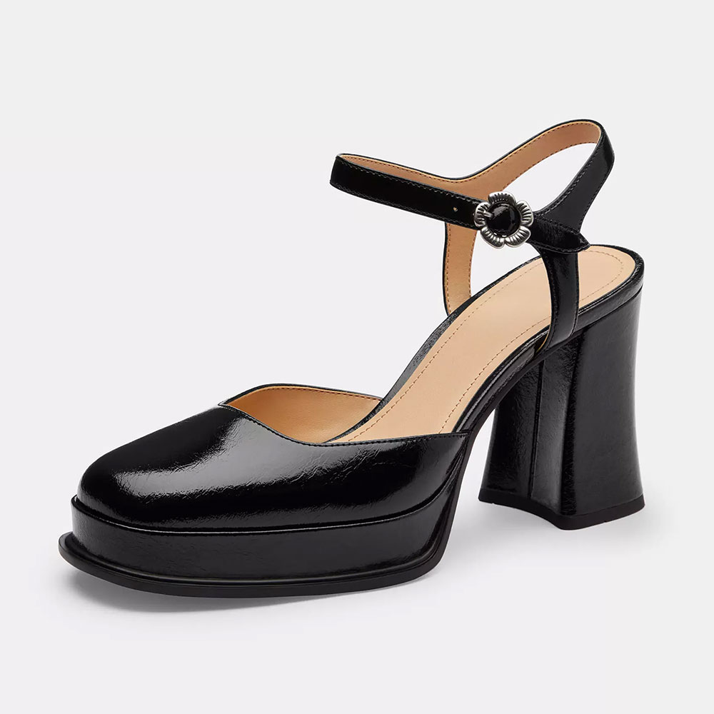 Square Toe Flower Buckle Strap Chunky Heel Platform Black Pumps Nicepairs