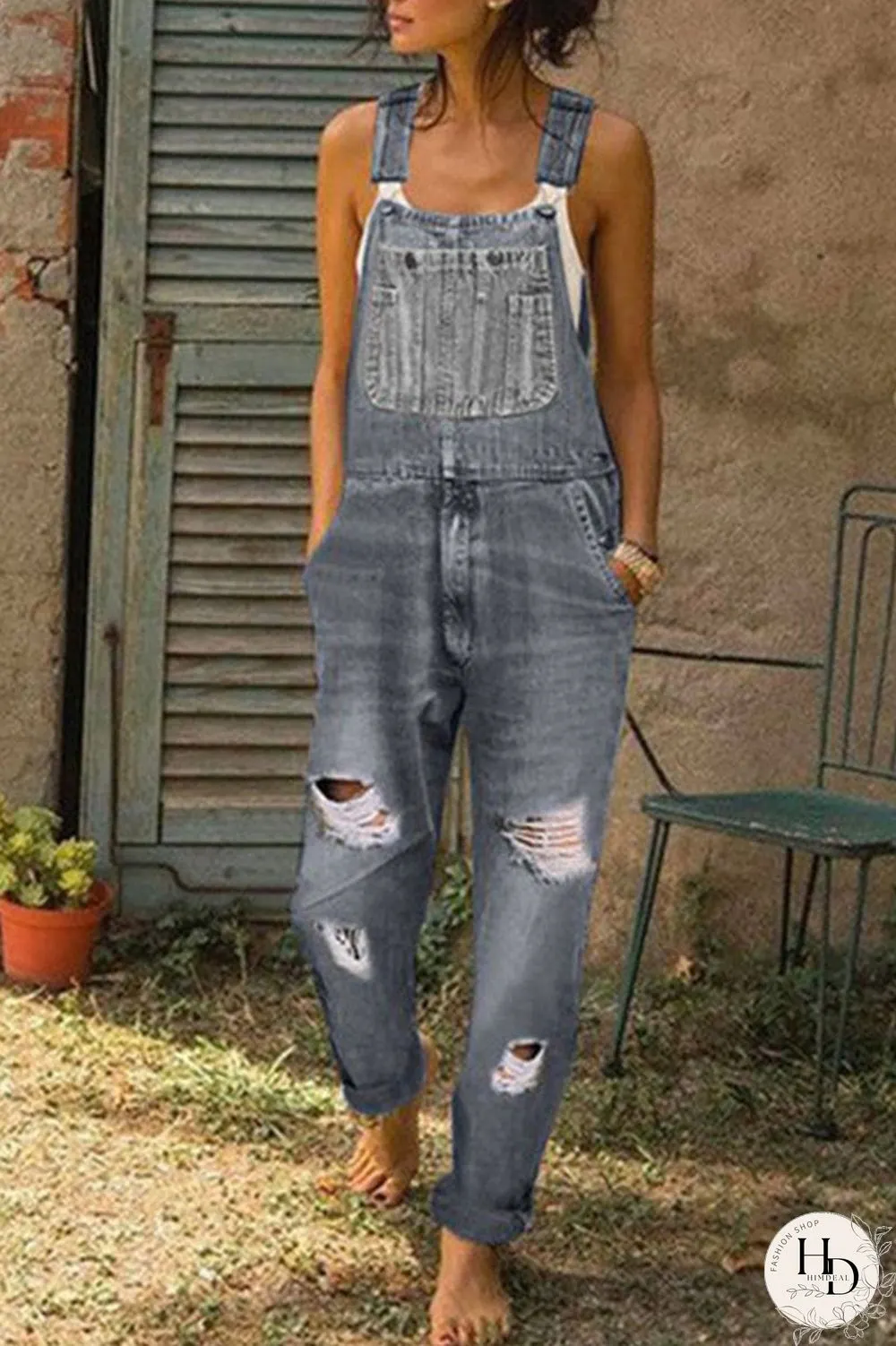 Denim Distressed Plus Size Solid Overall