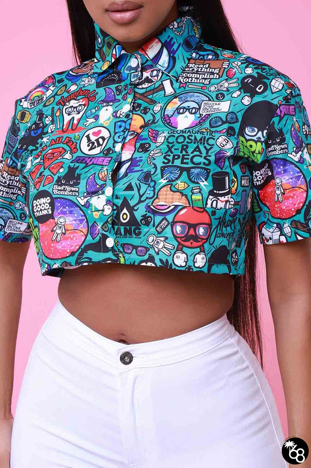 Peacock Blue Casual Print Patchwork Buckle Turndown Collar Tops | 168DEAL