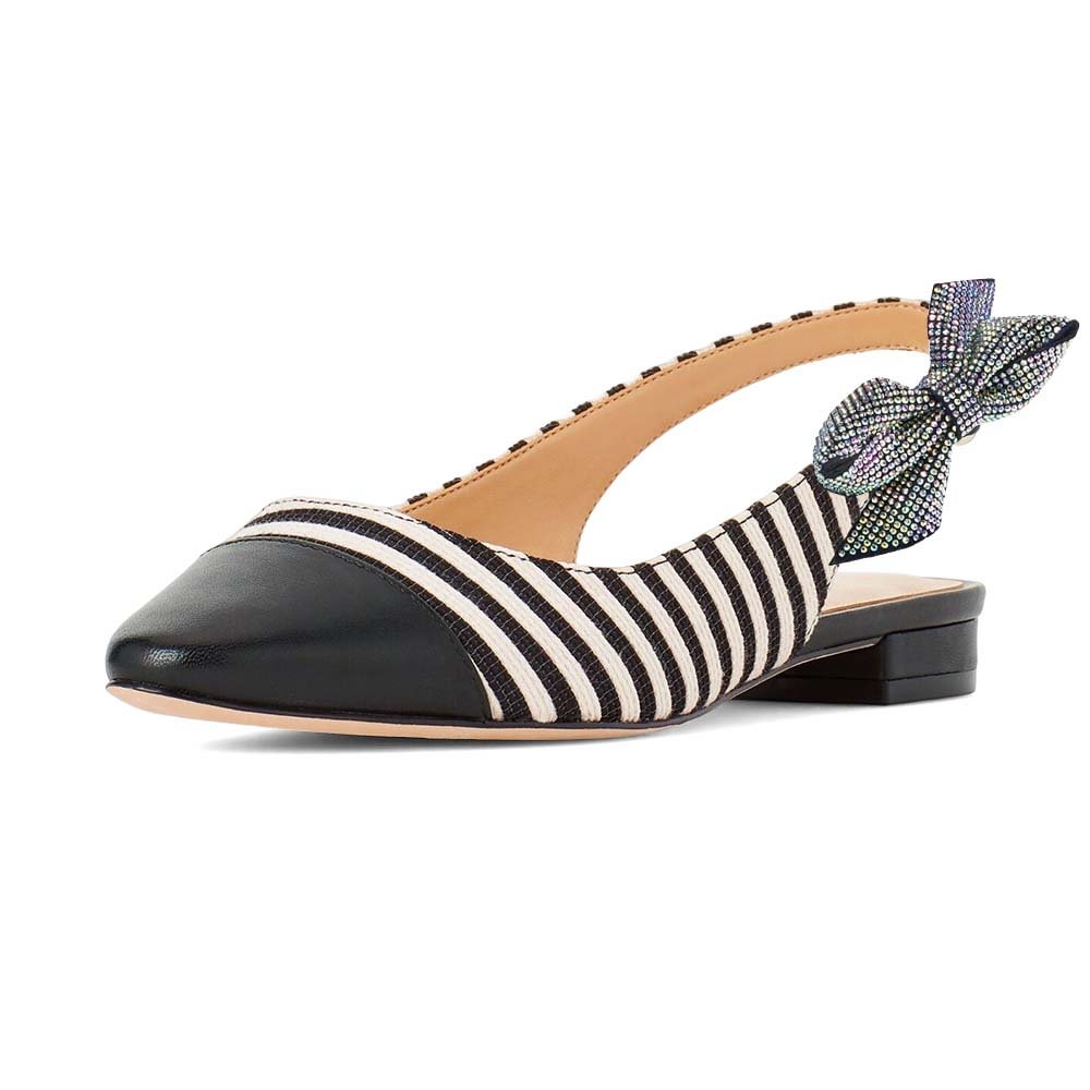 Black Pointed Toe Leather Pumps With Zebra Striped Slingback Bow Low Chunky Heels Nicepairs