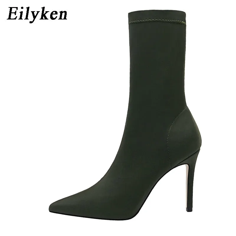 Eilyken Comfort Stretch Women Sock Boots Square High Heel Ankle Boots Fashion Pointed Toe Fall Stretch Shoes Black Big Size 2022