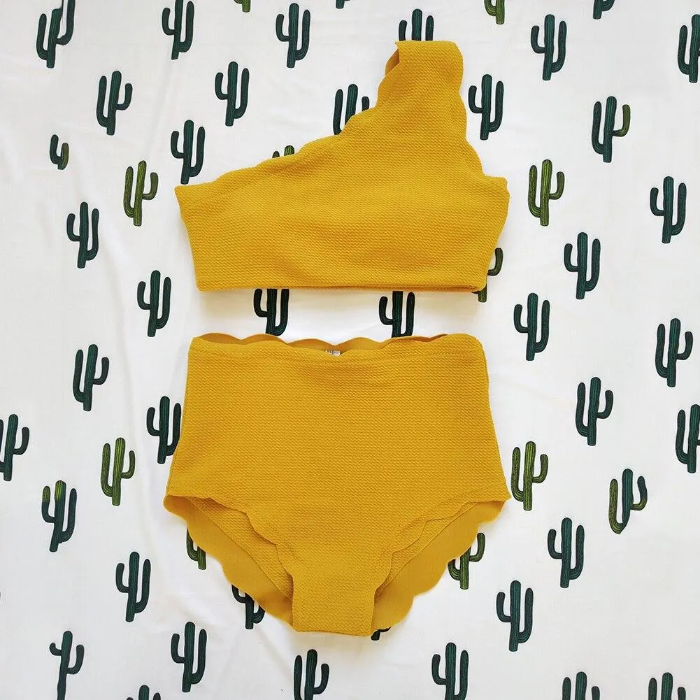2Pcs Fashion Women One Shoulder High Waist Scalloped Bikini Set Summer Swimwear Suitable for beach travel swimming