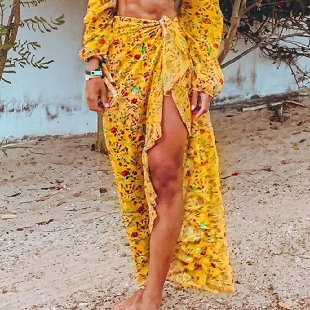 2021 New High Waist Long Sleeve Net yarn Bikini Sets Beach Cover Up Print Floral Swimwear Women Swimsuit Beachwear Bathing Suit