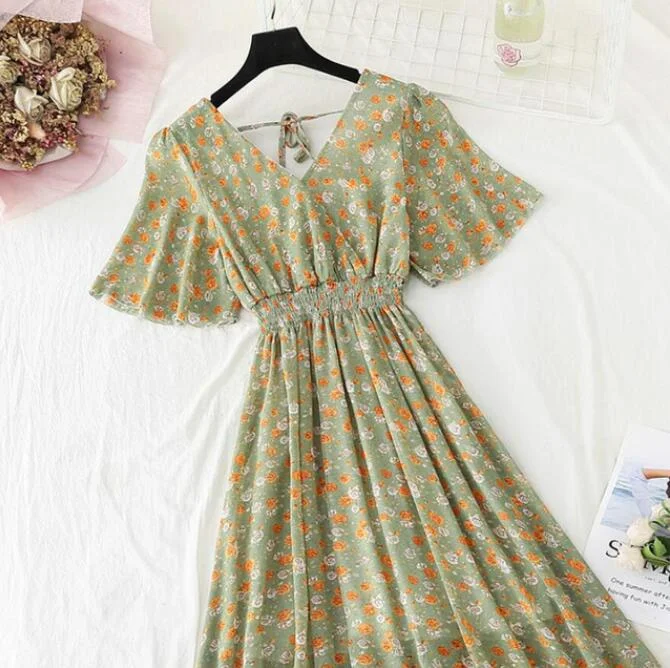 Summer Vintage Floral Chiffon Long Dress Sexy V-neck Ruffle Boho Dresses 2021 Elegant Women Party Short sleeve Dress Vestidos